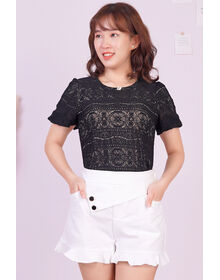 Puff Sleeve Lave Overlay Top (Black)